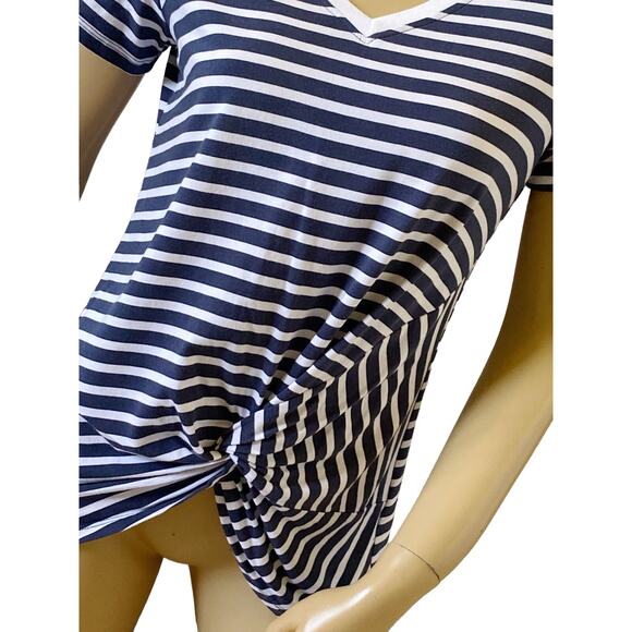 TRIBAL Womens Petite Size PS Striped V Neck Knotted Short Sleeve T Shirt - Picture 5 of 7